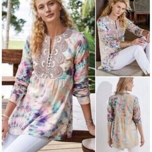 Soft Surroundings Size S Bazille Embellished Watercolor Print Tunic Boho Sequin